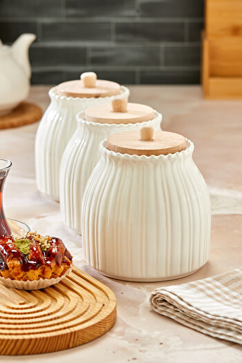 Akkoyunlu home Papatya Vacuum Wooden Lid 3 Size Jar Set (Tea-Coffee-Sugar) Jar, Spice Jar