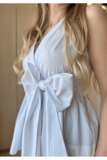 Store Double Breasted Collar Skirt Flounced Waist Belted Poplin Blouse