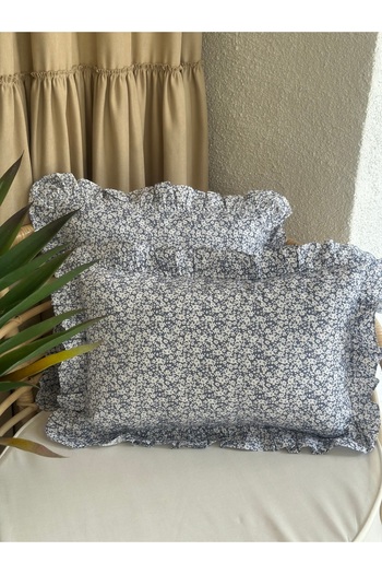 Decamor home Față de pernă din țesătură de bumbac, albastru lavandă, mini cu volane florale