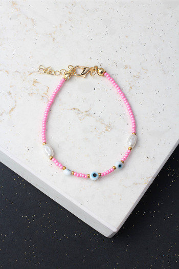 BY BARUN SİLVER Pink Fimo Bracelet with Evil Eye Beads and Pearls