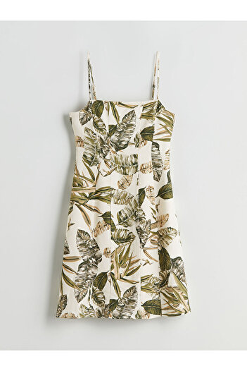 LC Waikiki Lcw Vision Green Square Collar Floral Linen Blend Mini Dress S5Qe51Z8Nvy25