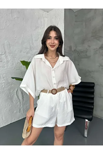 Elif Özbey Butik White Straw Belt Shorts Suit