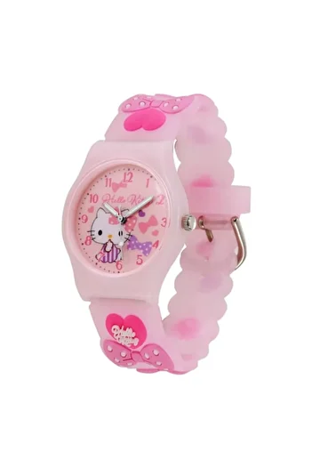 Hello Kitty Watch with bows and hearts, silicone strap, plastic dial, for girls, Pink