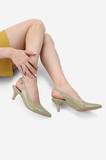 TUNAELLİ Women's Green Patent Leather Genuine Leather 34-35-41 Number Short Heel Back Open Shoes