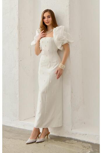Elbee Fashion Woman Φόρεμα με λεπτομέρεια επεξεργασίας με γαρνιτούρα με μανίκια