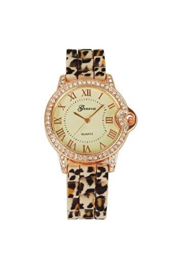 Geneva Stylish Design Rose-gold/beige Leopard Silicone Crystal Women Lady Quartz Watch