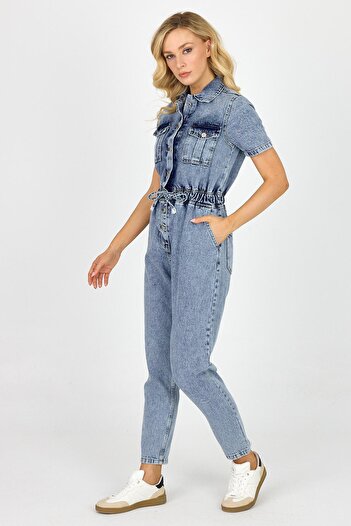 DAMGA JEANS Women's Elastic Waist Tie-Up Denim Jumpsuit Blue