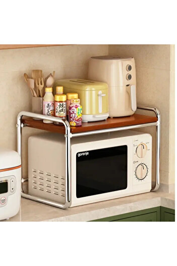 Herum Microwave shelf, metal frame, MDF shelf, kitchen organizer, Grey/Brown, 50.5 cm x 36 cm x 48.5 cm