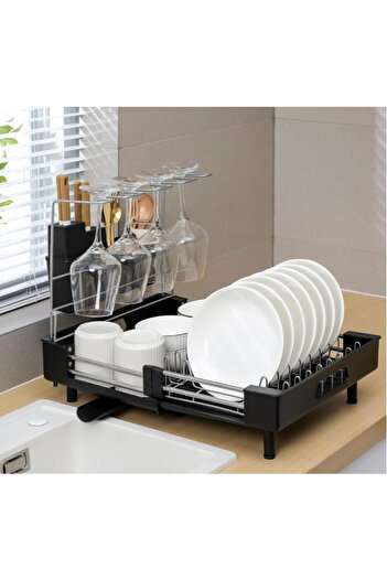 Herum Dish drainer with glass holder, extendable, with water drainage slot, Black, 32-47 x 34 x 38.5 cm