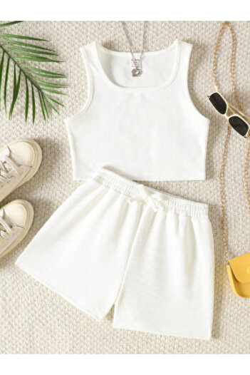 HEREN BUTİK Ribbed Double Set – Crop Top & Shorts |   Children and Teenage Girls Summer Combination |   Ribbed Crop and Shorts Set