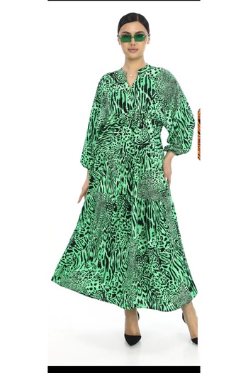 AKŞEN GİYİM Plus Size Leopard Patterned Summer Cotton Viscosin Fabric Balloon Sleeve Tested Dress