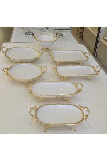 AlyaHomeAksesuar 7 Piece Gold Color Metal Framed Porcelain Serving Plate Set