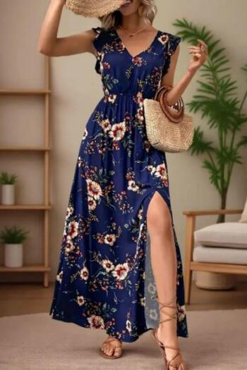 Mossta V-Neck Flounce Sleeves Floral Print Dress with Slit Detail - Navy Blue