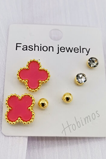 Hobimos 3 Pairs of Earrings Set - Clover Design Earrings, Stone Earrings, Ball Earrings, Cartilage Earrings