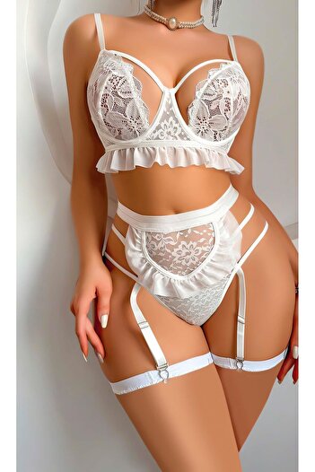 DOSESA White Volan Detailed Lace Garter Set
