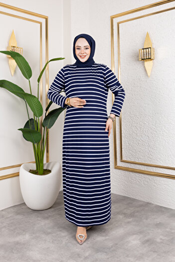 Eliva Women's Navy Blue White Striped Combed Cotton Hijab Dress