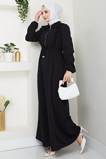 InStyle Fermuarlı Fırfır Detaylı Siyah Elbise