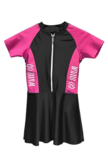 REMSA Uv Protection Skirted Leggings Short Sleeve Girl's Swimsuit Mira 1511 Black Fuchsia