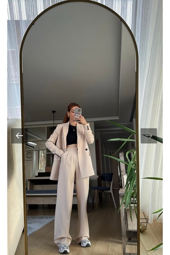 Petek Collection Krem Oversize Astarlı Ceket Pantolon Takım Elbise (100 CM PANTOLON BOYU)