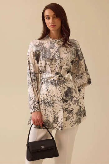 SEÇİL Women's Patterned Belted Jacquard Shirt - Gray