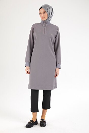 Armine TREND Armi̇ne Trend Sleeve and Neck Ribbed Half Zipper Tunic-Grey 25Yt437