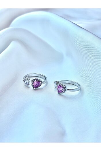 NEMOPHİLA Stainless Steel Heart Ring with Pink Stone, Adjustable and Stylish Design