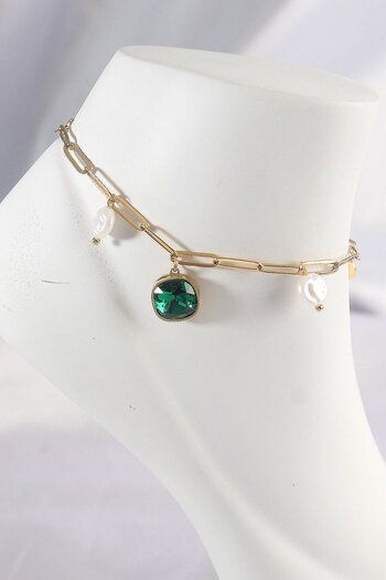 Toptan Bulurum 316L Steel Gold Color Emerald Stone Designed Anklet