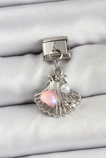 Toptan Bulurum 316L Steel Dangle Pearl Detail Oyster Model Silver Color Nomination Charm