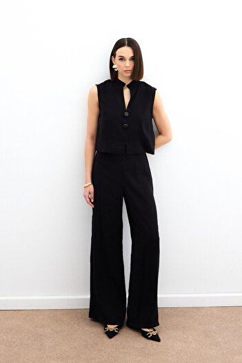 Sateen High Waist Linen Trousers - Black
