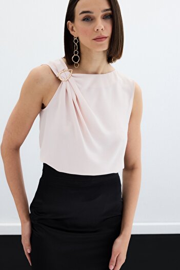 Sateen One Shoulder Detailed Blouse - Powder