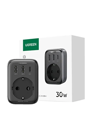 Ugreen Socket Adapter, 220v, Ac 3680w, Quick Charger 2x Usb-a, 1x Usb-c, 30w, Black
