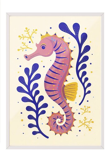 Postifull White Framed Poster Painting, Pink Seahorse, Illustration, Pink Color Poster, 2025 Summer Selection, No: