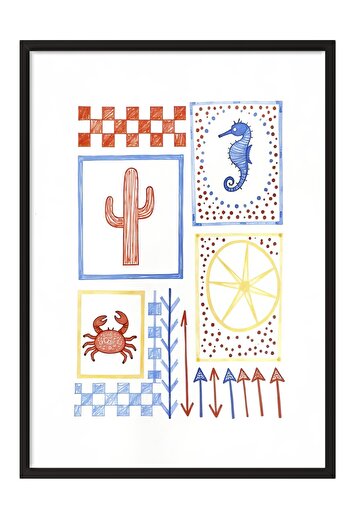 Postifull Black Framed Poster, Beach Atmosphere, Illustration, Blue Color Poster, 2025 Summer Selection, No:109569