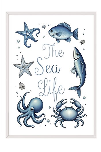 Postifull White Framed Poster, Marine Life, Illustration, Blue Color Poster, 2025 Summer Selection, No:109593