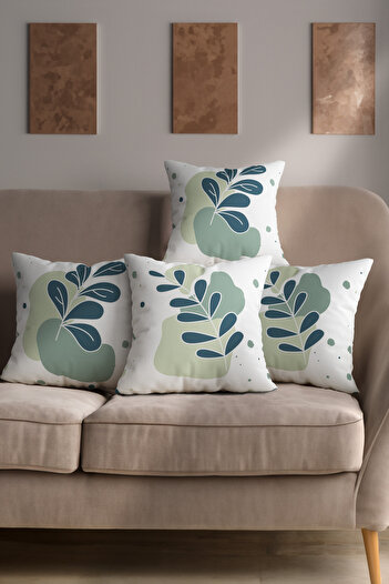 Hayal Dekoratif Bohemian Boho Themed Green and White Colored Decorative Gift 4-Piece Sofa Cushion - Throw Pillow Cover Set