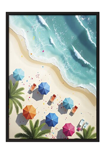 Postifull Black Framed Poster Painting, Beach and Umbrellas, Photo, Pink Color Poster, 2025 Summer Selection, No: