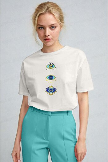 Millionaire Women's Ecru White Regular Evil Eye Print Fit Regular Fit T-Shirt