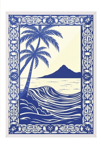 Postifull White Framed Poster, Seascape, Illustration, Blue Color Poster, 2025 Summer Selection, No:109616