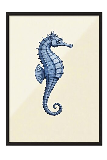 Postifull Black Framed Poster, Seahorse, Illustration, Blue Color Poster, 2025 Summer Selection, No:109578