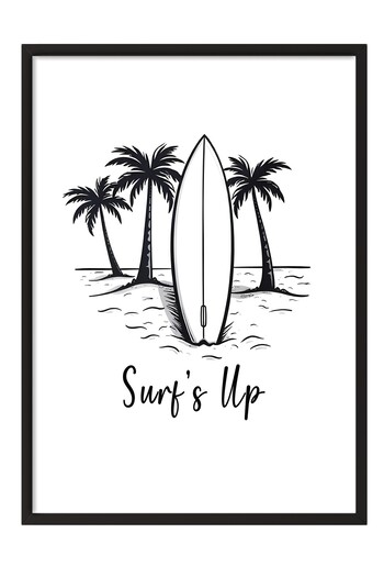 Postifull Black Framed Poster, Surf Time, Illustration, Black & White Color Poster, 2025 Summer Selection, No:1