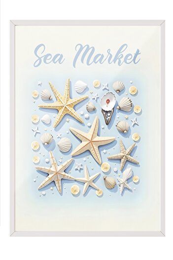 Postifull White Framed Poster, Sea Market, Illustration, Blue Color Poster, 2025 Summer Selection, No:109581
