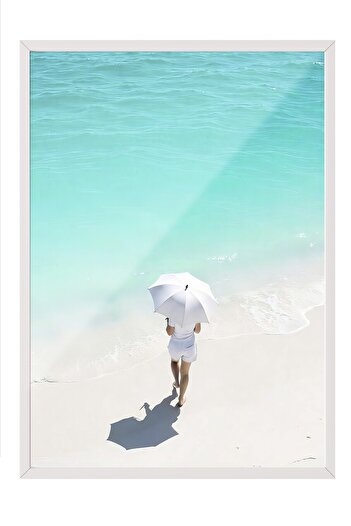 Postifull White Framed Poster, Woman on the Beach, Photo, Blue Color Poster, 2025 Summer Selection, No:109681