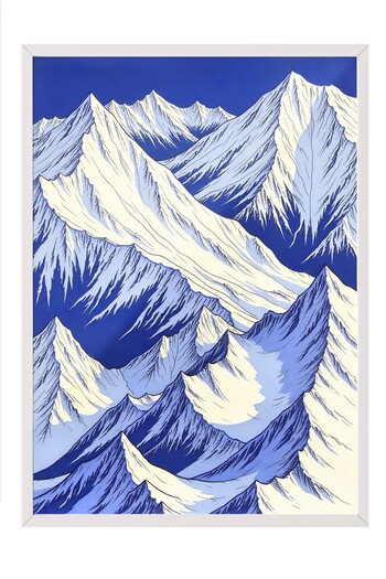 Postifull White Framed Painting, Shining Mountains, Illustration, Blue Color Poster, 2025 Summer Selection, No:109725
