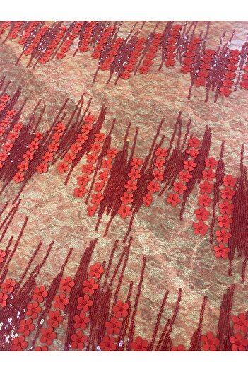 METERİAL Red 3D Floral and Sequin Tulle Fabric – Evening Dress Embroidered Fabric 130 cm