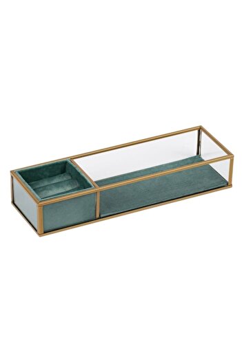SHOPIENS Jewelry Organizer Stand, Velvet, Glass, Metal Frame, Green, 28x9x5 cm
