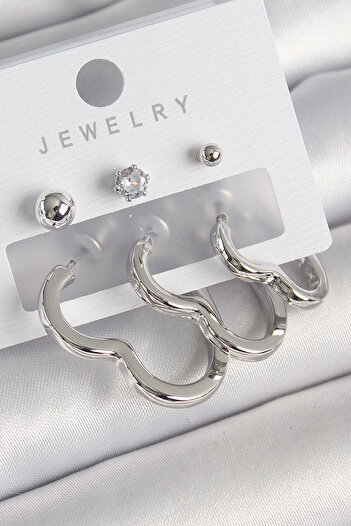 Toptan Bulurum Brass Silver Color Heart Model Zircon Stone Ball Detail Women's Earring Set