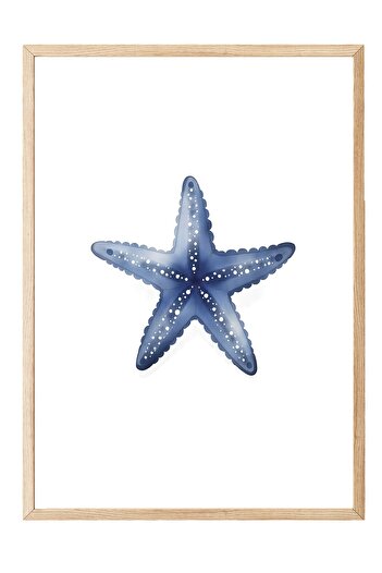 Postifull Wooden Framed Poster Painting, Blue Starfish, Illustration, Blue Color Poster, 2025 Summer Selection,
