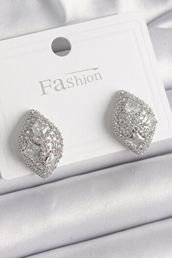 Toptan Bulurum Brass Silver Color Zircon Stone Embroidered Drop Model Women's Earrings