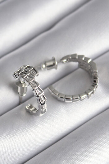 Toptan Bulurum Brass Silver Color Zircon Stone Snake Model Women's Earrings