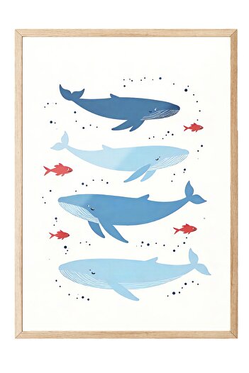 Postifull Wooden Framed Poster, Whale, Illustration, Blue Color Poster, Summer Selection 2025, No:109622